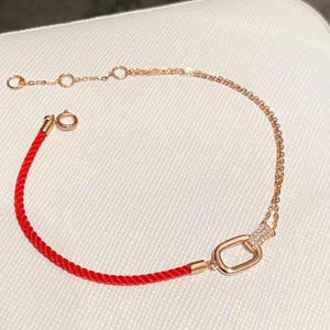 18K Gold Red Rope Natural Diamond Bracelet, Red Lucky Bracelet, 18K Gold Red String Diamond Bracelet, Red Cord Bracelet,Anniversary Bracelet