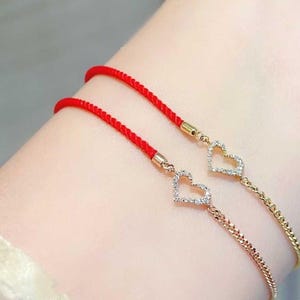 18K Gold Red Rope Natural Diamond Heart Bracelet, Red Lucky Bracelet, 18K Gold Red String Diamond Bracelet, Red Cord Bracelet, Love Bracelet