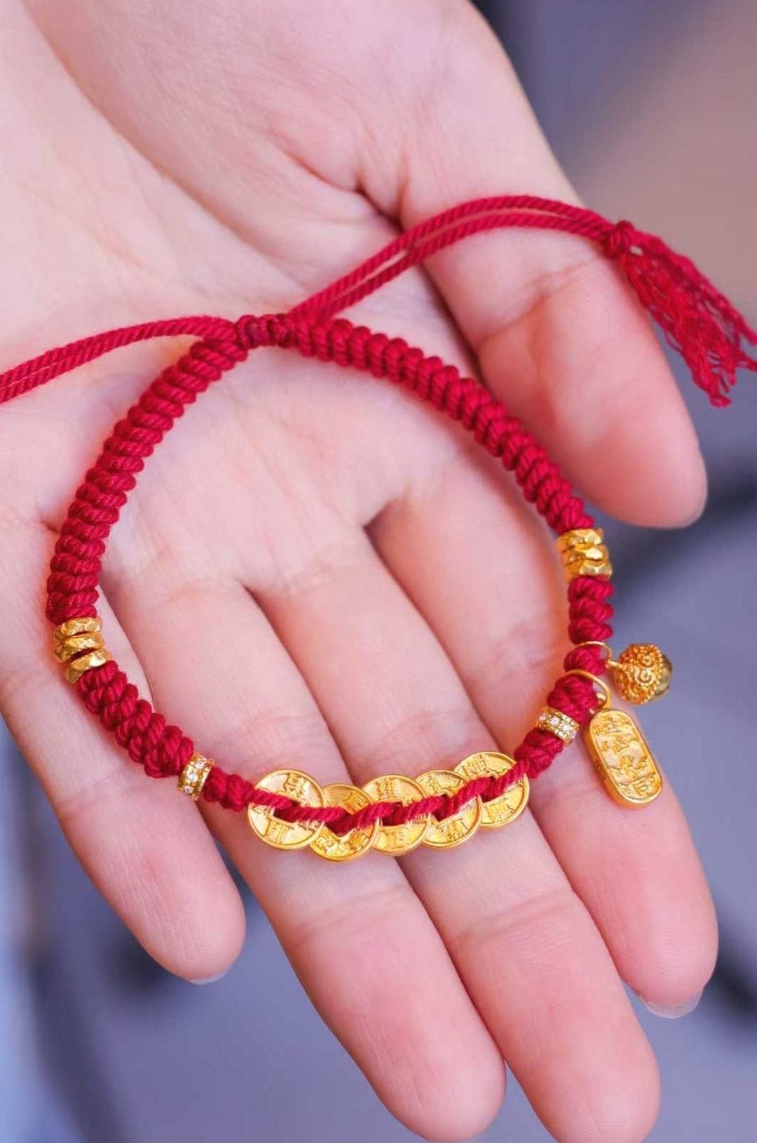 999 24K Gold Five Emperors Coins Good Luck Red Rope Bracelet, Red Lucky ...