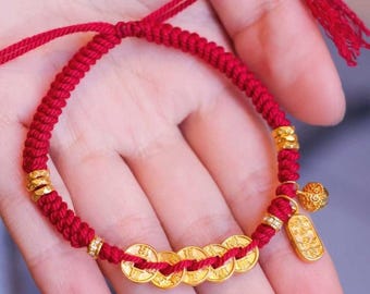 999 24K Gold Five Emperors Coins Good Luck Red Rope Bracelet, Red Lucky Bracelet, Gold Red String Bracelet, Red Cord Bracelet, Anniversary