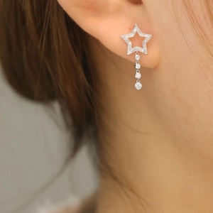 18K White Gold Natural Diamond Star Earrings, Tassel Earrings Diamonds, Diamond Drop Earrings, Stylish Earrings,Real Diamond Earrings