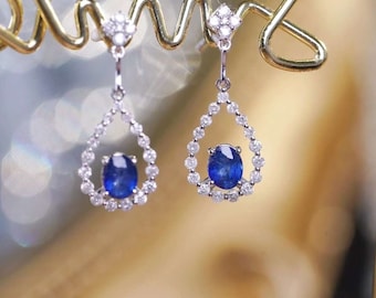 Certified 18K White Gold Natural Sapphire Diamond Earrings, Natural Vivid Blue Sapphire Earrings, Stylish Earrings