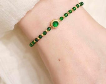 18K Yellow Gold Natural Top Green Type A Jadeite Jade Diamond Bracelet, Natural Jadeite Bracelet, Stylish Bracelet, Green Jade Bracelet