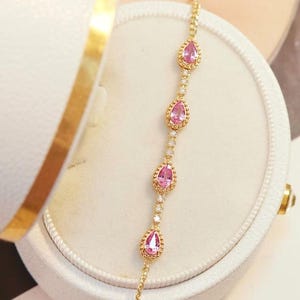 18K Gold Natural Pink Sapphire Natural Diamond Bracelet, Pink Gem Bracelet, Pink Sapphire Bracelet, Wedding Bracelet, Anniversary Jewelry