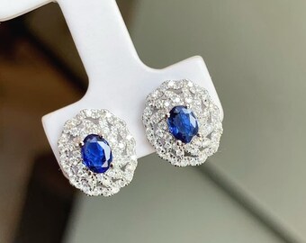 18K White Gold Sri Lanka Natural Sapphire Diamond Earrings, Natural Vivid Blue Sapphire Earrings, Royal Blue Sapphire Earrings