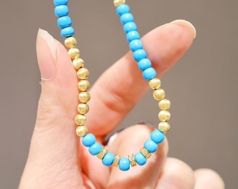 18K Gold Natural Blue Turquoise Bracelet, 18K Gold Sleeping Beauty Turquoise Bead Bracelet, Gold Turquoise Jewelry,Gold Bead Bracelet