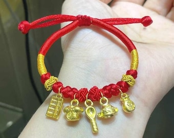 Regalo de la suerte para bebé, buena suerte y seguridad, pulsera de oro puro 999 con amuleto de la suerte para bebé, pulsera de la suerte roja ajustable, pulsera de hilo rojo
