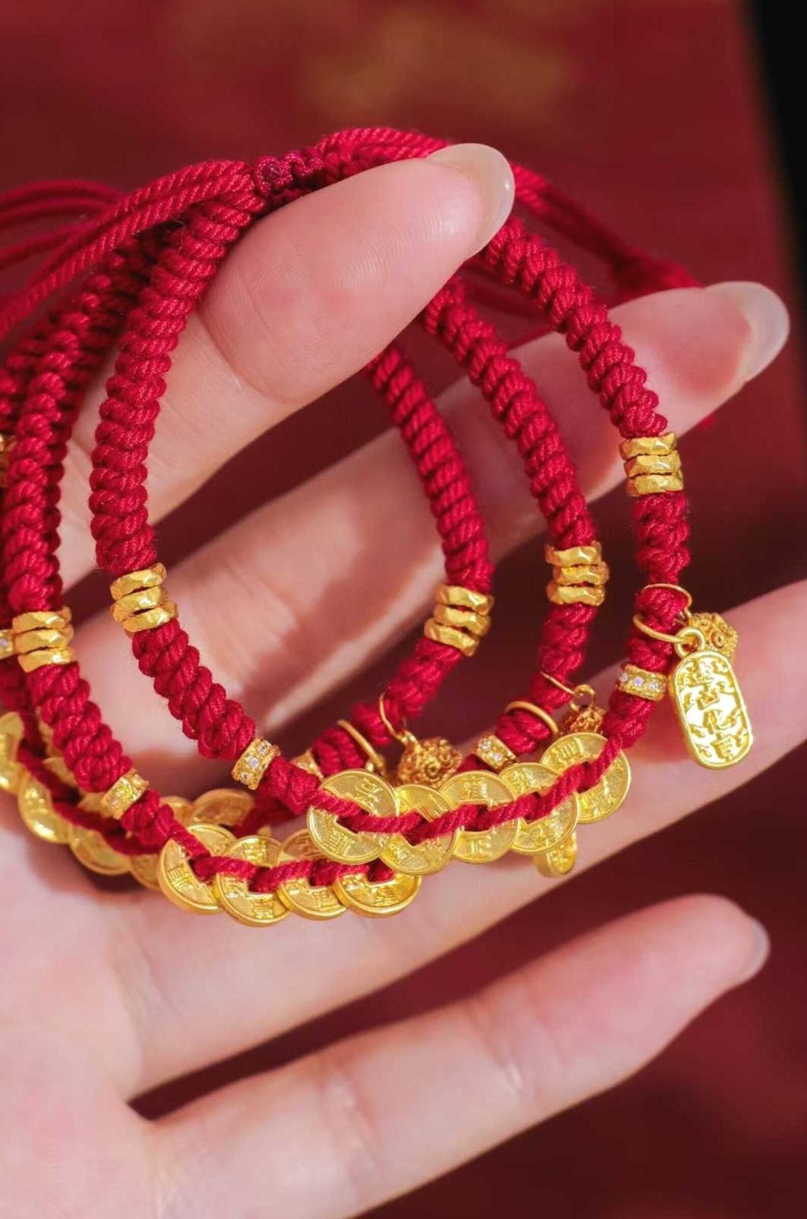 999 24K Gold Five Emperors Coins Good Luck Red Rope Bracelet, Red Lucky ...
