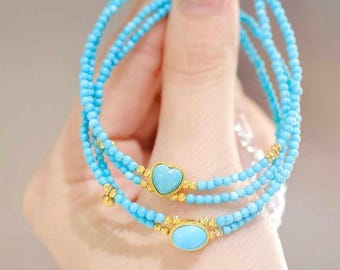 18K Yellow Gold Natural Blue Turquoise Bracelet, 18K Yellow Gold Sleeping Beauty Turquoise Bead Bracelet, Sleeping Beauty Bracelet