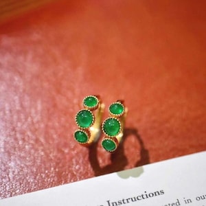 18K Gold Natural Emerald Hoop Earrings, Gold Hoops Earrings, Natural Emerald Earrings, Stylish Earrings, Dainty Gold Earrings
