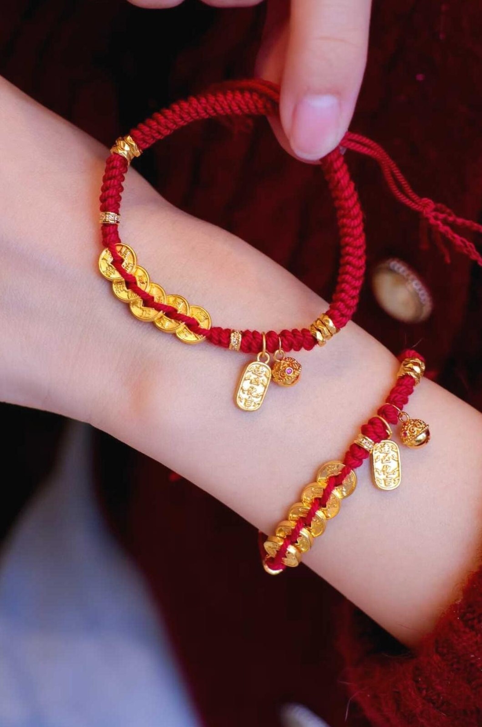 999 24K Gold Five Emperors Coins Good Luck Red Rope Bracelet, Red Lucky ...