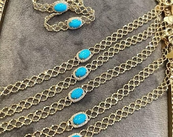 Size Adjustable 18K Gold Natural Diamond Natural Blue Turquoise Jewelry Set Bracelet Ring, 18K Gold Sleeping Beauty Turquoise Ring