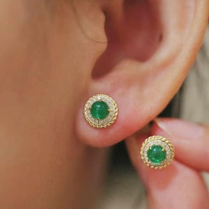 18K Gold Natural Emerald Diamond Earrings, Natural Emerald Earrings, Stylish Earrings, Emerald Stud Earrings, Dainty Gold Earrings