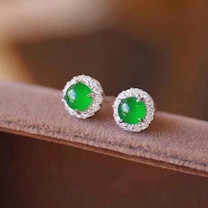 18K White Gold Natural Top Green Type A Jadeite Jade Diamond Earrings, Natural Jade Diamond Earrings, Green Jade Earrings, Green Jade Stud