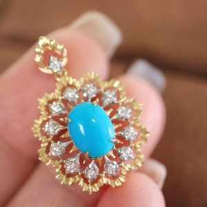 18K Gold Natural Blue Turquoise Natural Diamond Pendant, 18K Gold Sleeping Beauty Turquoise Pendant, Sleeping Beauty Pendant, No Gold Chain
