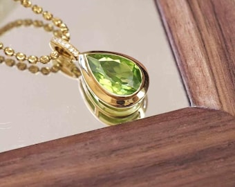 18K Gold Natural Peridot Natural Diamond Pendant, Genuine Peridot Pendant, August Birthstone, Anniversary Jewelry, No Gold Chain Included