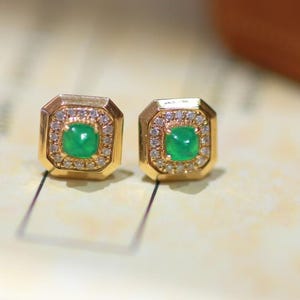18K Gold Natural Emerald Diamond Earrings, Natural Emerald Earrings, Stylish Earrings, Emerald Stud Earrings, Dainty Gold Earrings