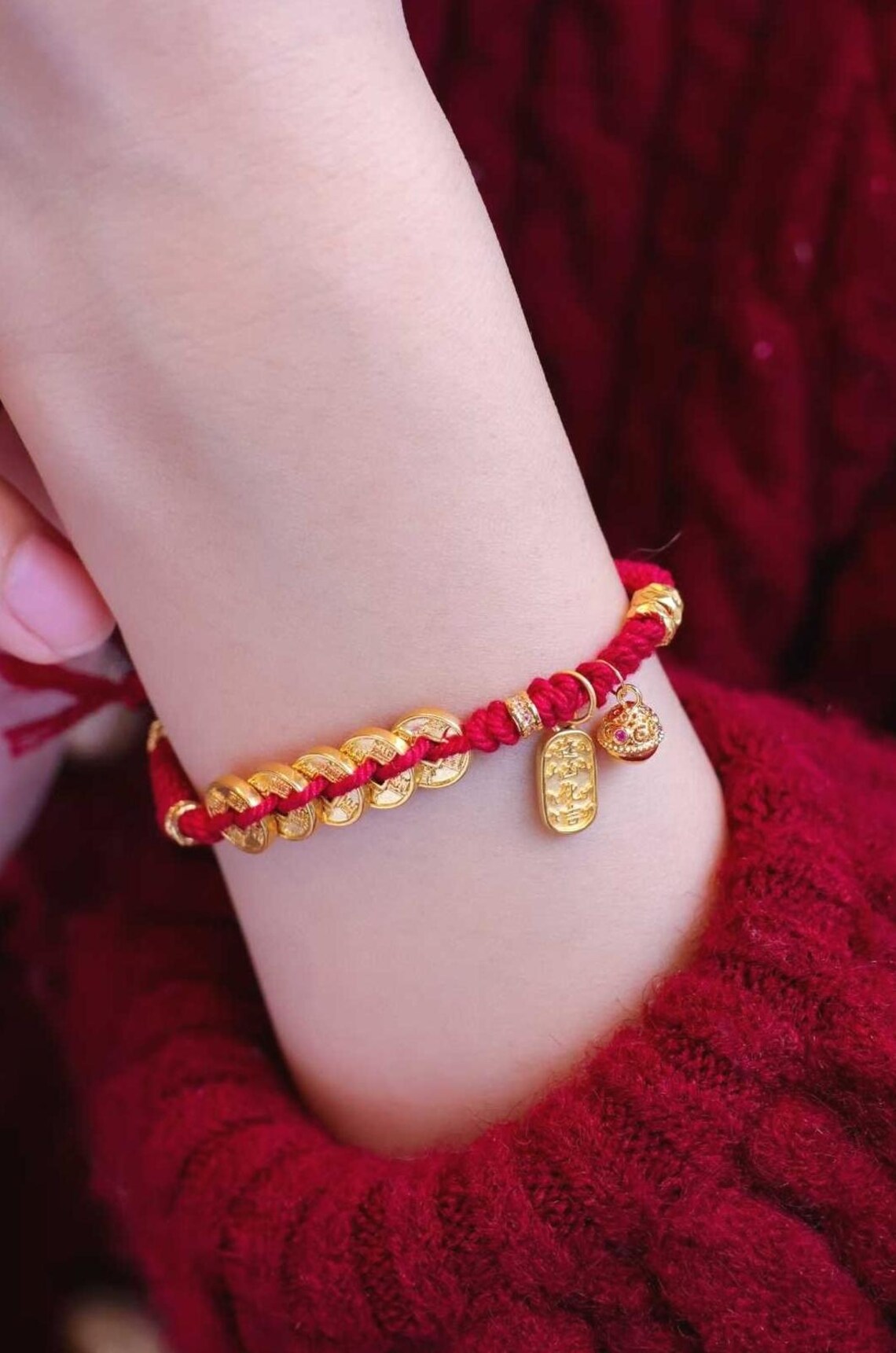 999 24K Gold Five Emperors Coins Good Luck Red Rope Bracelet, Red Lucky ...