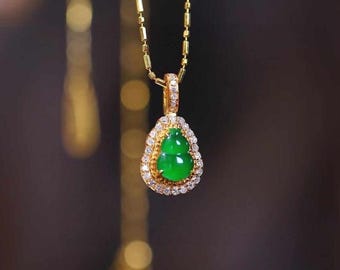 18K Gold Natural Diamond Natural Top Green Type A Jadeite Jade Gourd Pendant (No Gold Necklace Chain Included), Natural Jade Gourd Pendant