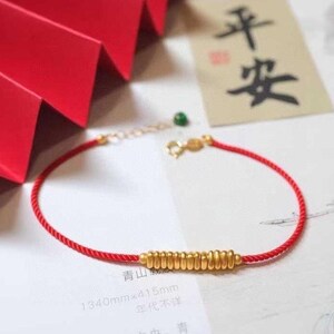 999 24K Gold Beads 18K Gold Bracelet Buckle Red Rope Bracelet, Red ...