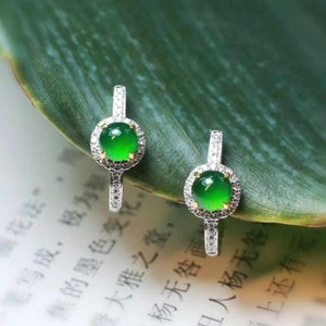18K White Gold Natural Top Green Type A Jadeite Jade Diamond Earrings, Natural Jade Diamond Earrings, Green Jade Hoop Earrings