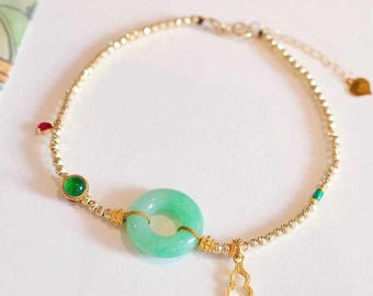 18k Solid Gold Burmese Jadeite Donut Bracelet, Natural Ice Green