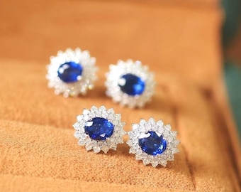 Certified 18K White Gold Sri Lanka Natural Royal Blue Sapphire Diamond Earrings, Natural Vivid Blue Sapphire Earrings, Stylish Earrings