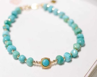 18K Gold Natural Blue Turquoise Bracelet, 18K Gold Sleeping Beauty Turquoise Bead Bracelet, Gold Turquoise Jewelry, Gold Bead Bracelet