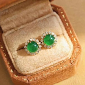 18K Gold Natural Top Green Type A Jadeite Jade Diamond Earrings, Natural Jade Diamond Earrings, Green Jade Earrings, Green Jade Stud