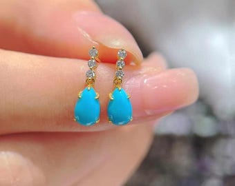 18K Yellow Gold Natural Blue Turquoise Earrings, 18K Yellow Gold Sleeping Beauty Turquoise Earrings, Sleeping Beauty Earrings