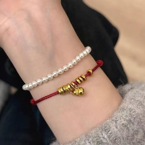 18K Gold Beads 18K Gold Gourd Red Rope Bracelet, Red Lucky Bracelet, Gold Red String Bracelet, Red Cord Bracelet, Anniversary Bracelet