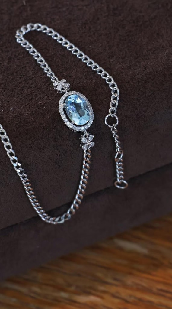 18Kホワイトゴールド天然アクアマリン天然ダイヤモンドブレスレット