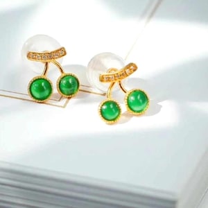 18K Gold Natural Top Green Type A Jadeite Jade Earrings, Natural Jade Earrings, Simple and Stylish Earrings, Green Jade Earrings