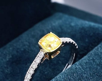 Anel de diamante amarelo natural em ouro branco 18K, anel de diamante sofisticado, anéis elegantes, anel de diamante de ouro, anel de diamante real, anel de casamento, noivado