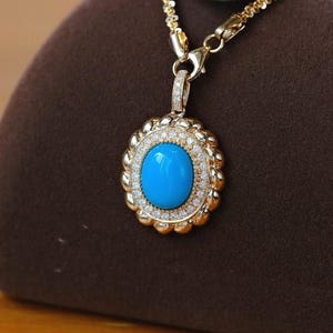 18K Gold Natural Blue Turquoise Natural Diamond Pendant, 18K Gold Sleeping Beauty Turquoise Pendant, Sleeping Beauty Pendant, No Gold Chain