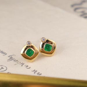 18K Gold Natural Emerald Diamond Earrings, Natural Emerald Earrings, Stylish Earrings, Emerald Stud Earrings, Dainty Gold Earrings