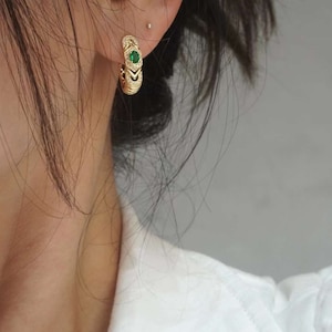 18K Yellow Gold Natural Emerald Diamond Earrings, Emerald Hoop Earrings, French Earrings, Natural Emerald Earrings, Stylish Earrings