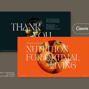 Può includere: Due diapositive di presentazione digitale. Una presenta le parole "THANK YOU" in bianco su sfondo verde scuro. L'altra diapositiva presenta le parole "NUTRITION FOR OPTIMAL LIVING" su sfondo arancione, con immagini di frutta.