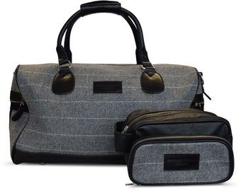 Luxury weekend overnight bag & toiletries wash bag in grey white stripe 100% wool tweed with leather straps by Frederick Thomas Bags
