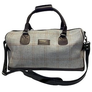 Luxury weekend overnight bag in light blue ivory with beige brown check 100% wool tweed brown leather straps by Frederick Thomas Bags