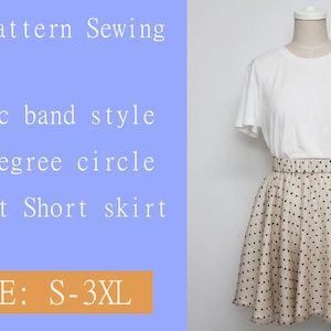 May include: PDF sewing pattern for an elastic band style 360-degree circle short skirt. The pattern is available in sizes S-3XL.