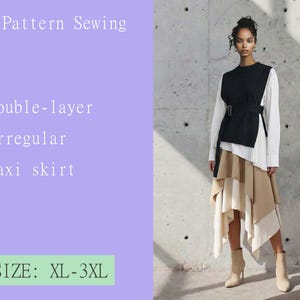 Patrones de falda maxi irregular de doble capa costura PDF productos digitales DIY talla XL-3XL