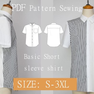 May include: A white short-sleeve shirt with a black and white striped panel on the left side. The shirt has a button-up front and a pocket on the right side. The image also includes a line drawing of the shirt in front and back views. The text "PDF Pattern Sewing Basic Short Sleeve Shirt SIZE: S-3XL" is displayed below the image.