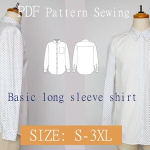 以下が含まれることがあります： 小さな青い水玉模様の白い長袖シャツ。シャツはボタンダウンカラーで、左側にポケットがあります。画像には、シャツの正面と背面の線画も含まれています。画像の上部には「PDF Pattern Sewing」と「Basic long sleeve shirt」のテキストがあります。画像の下部には「SIZE: S-3XL」のテキストがあります。