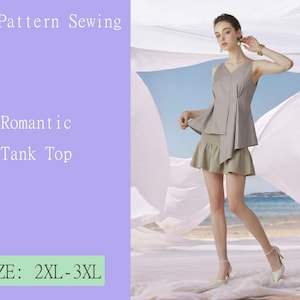 May include: A sleeveless gray tank top with an asymmetrical design, paired with a matching skirt. The image includes the text "PDF Pattern Sewing", "Romantic Tank Top", and "SIZE: 2XL-3XL". The model is wearing white heels.
