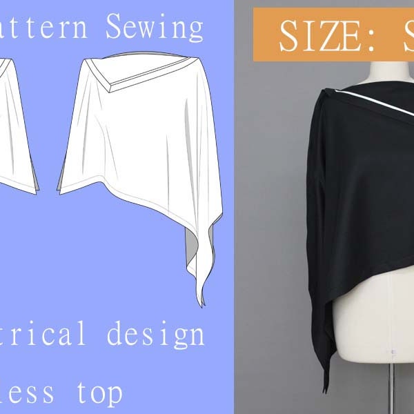 Asymmetrical design sleeveless top with a turnover collar. Pattern Sewing digital goods