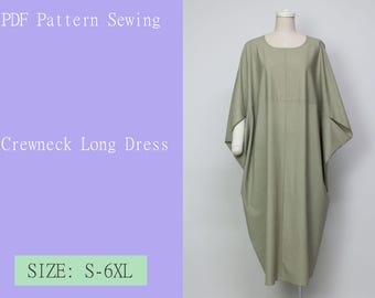 Raglan Sleeve Dress. Crewneck Long Dress. patterns sewing PDF digital goods DIY