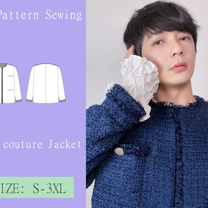 May include: A PDF pattern for sewing a tweed couture jacket. The pattern includes sizes S-3XL. The image also shows a person wearing a blue tweed jacket.