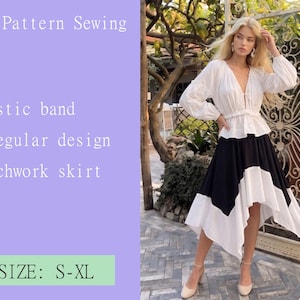 Op de afbeelding: Een witte blouse met lange mouwen, een diepe V-hals en een zwart-witte patchworkrok met een onregelmatige zoom en een elastische tailleband. De tekst op de afbeelding luidt: PDF Pattern Sewing, Elastic band, irregular design, patchwork skirt, SIZE: S-XL.