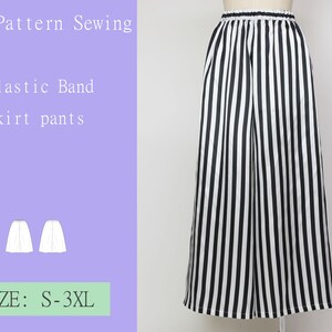 May include: PDF sewing pattern for elastic band skirt pants. The pattern includes sizes S-3XL. The image shows a black and white striped skirt pants.